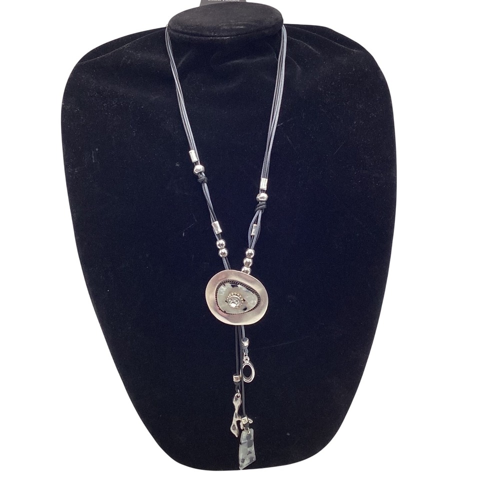 Silver Tone Mixed Media Cord Necklace Marbled Resin Rhinestone Charm 20"‎
